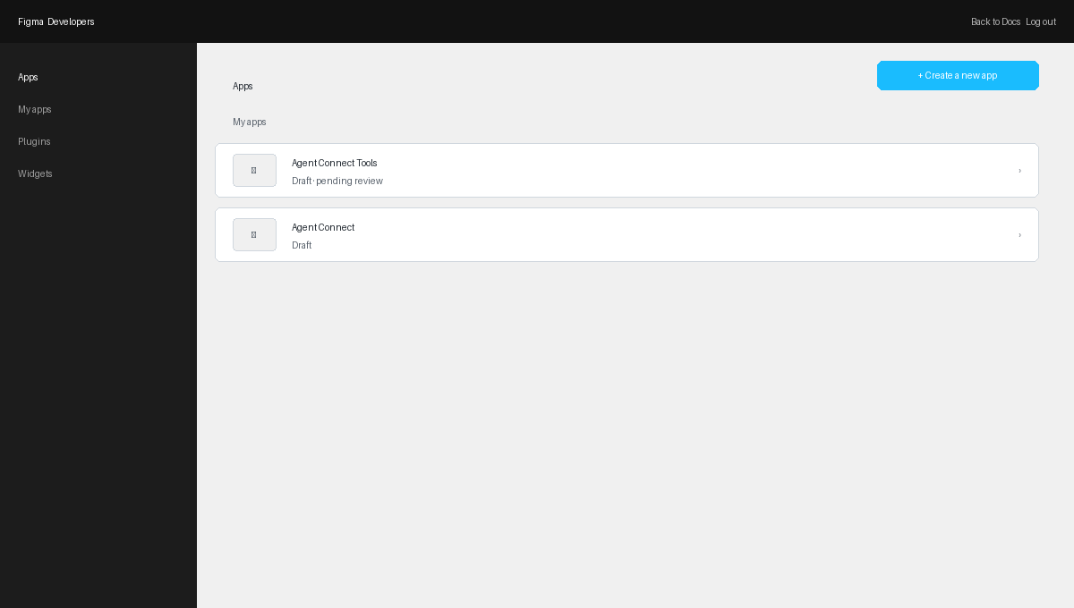 Figma Developers portal showing the My apps list and Create a new app button