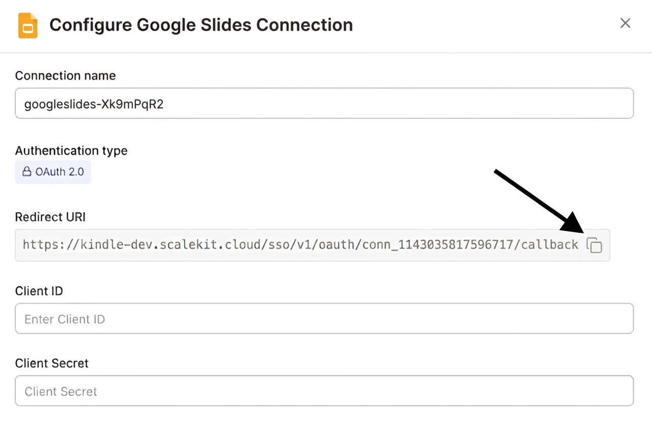 Copy redirect URI from Scalekit dashboard